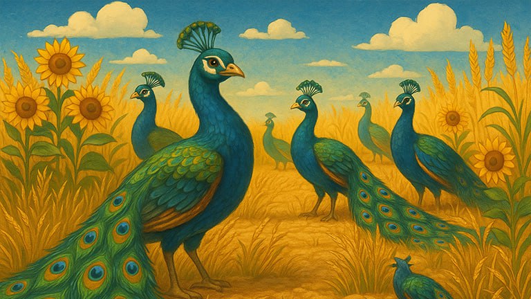 Pavos reales pastando en los campos